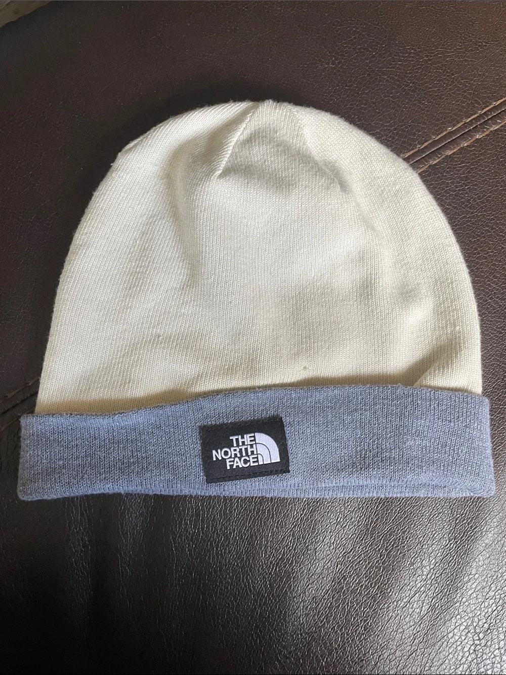 The North Face Cream Knit Beanie with Light Blue Cuff